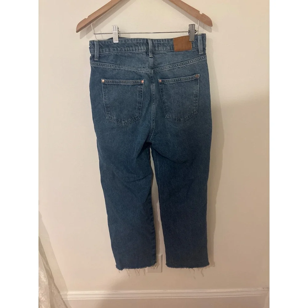 ZARA High Waisted Straight Leg Crop Jeans Blue Denim Frayed Hem Size‎ 8